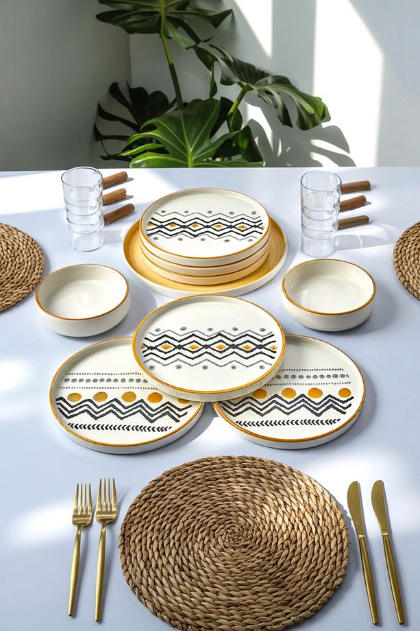 15 Parça 6 Kişilik Axial Desenli Stackable Kahvaltı Takımı – Sosluklu Sunum Seti - 1