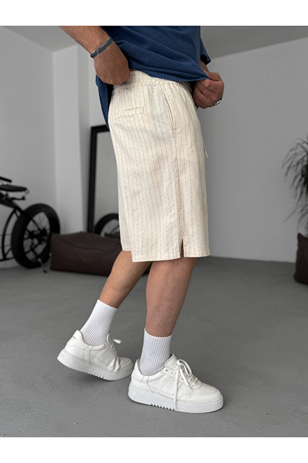 Bej İnce Çizgili Şort G-5533/17 - 4