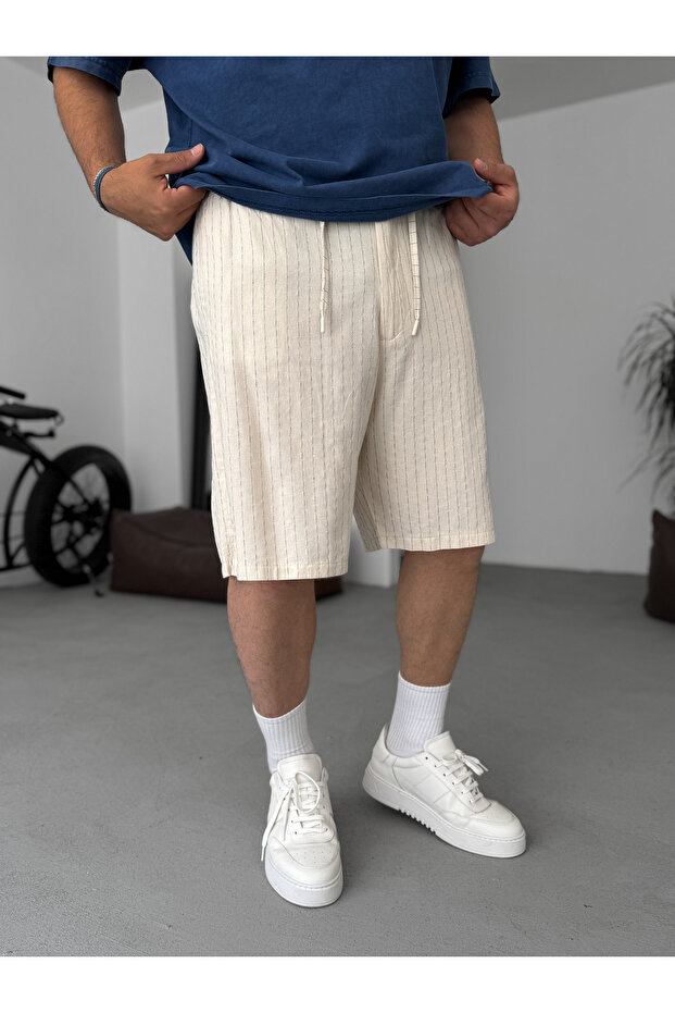 Bej İnce Çizgili Şort G-5533/17 - 3
