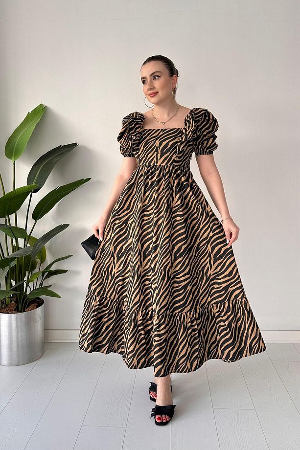 Zebra Poplin Elbise Bej - 4