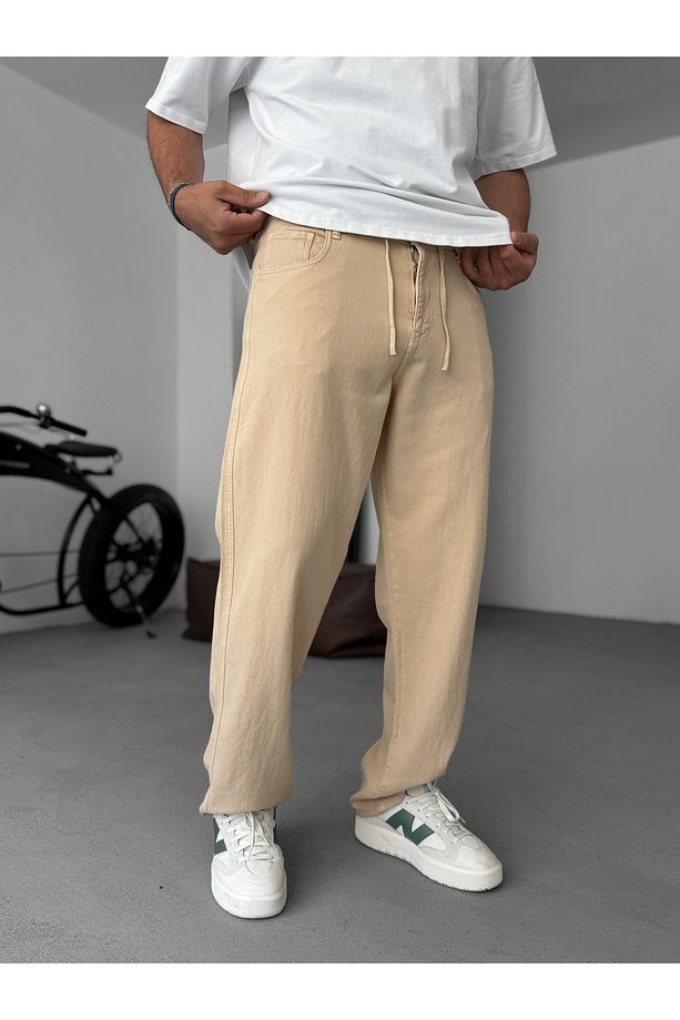 Bej Dokulu Basic Baggy Pantolon RES-1076 - 3
