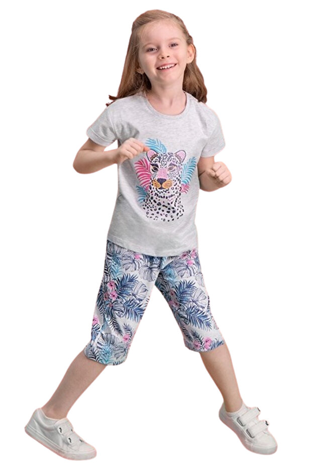 Summer Pattern Short-Sleeved Cotton Girls' Capri Pajamas Set - Breathable Sweat-Proof Fabric