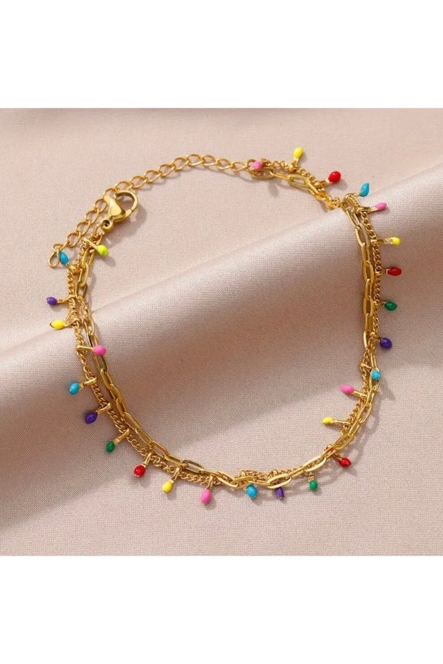 Elegant Gold Tone Stainless Steel Colorful Beaded Double Layer Foot Bracelet