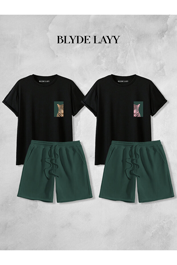 Unisex 2-Piece Leopard Printed Blyde Layy Design Lover Combination (2 Shorts - 2 T-Shirt Sets)