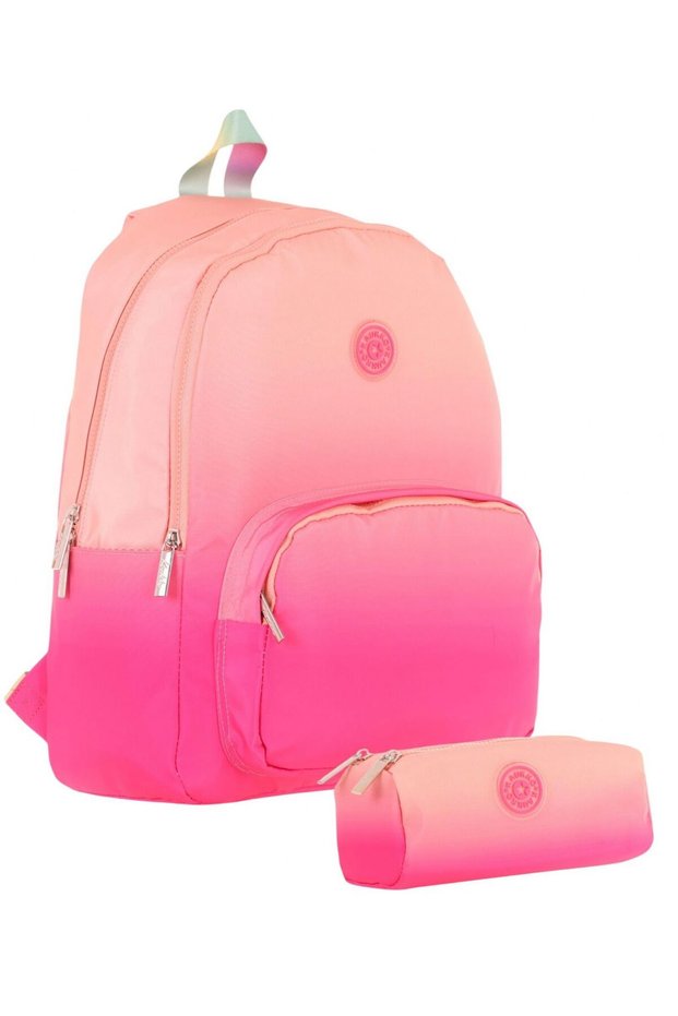 Color Transition Salmon Pink Girl's School Bag and Pen Holder Set (Kk - K1800+Kk - K2711)