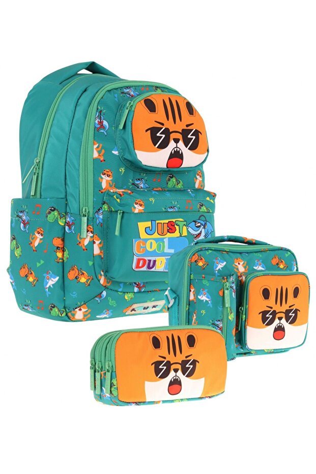 Kids 3D Lion Shaped Boys Triple School Bag Set - Green (L5254+L7254+L8254)