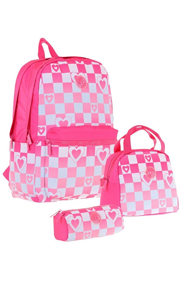 Nature Triple Girls School Bag Set - Pink - Checkerboard and Heart Pattern