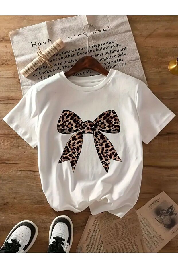 LEOPARD PRINTED RIBBON DETAIL BASIC T-SHIRT