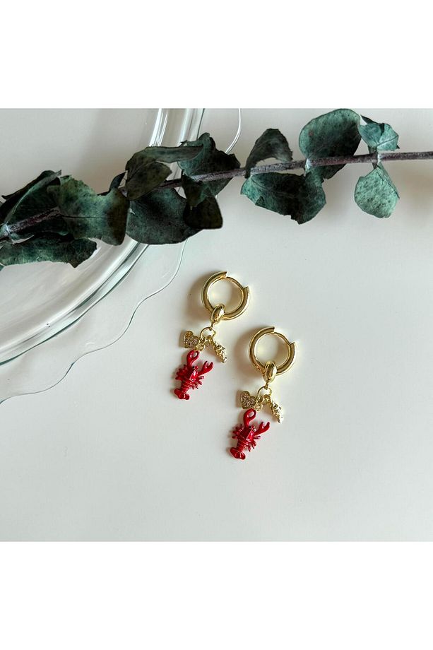 Kırmızı Istakoz Charm Halka Küpe - 1