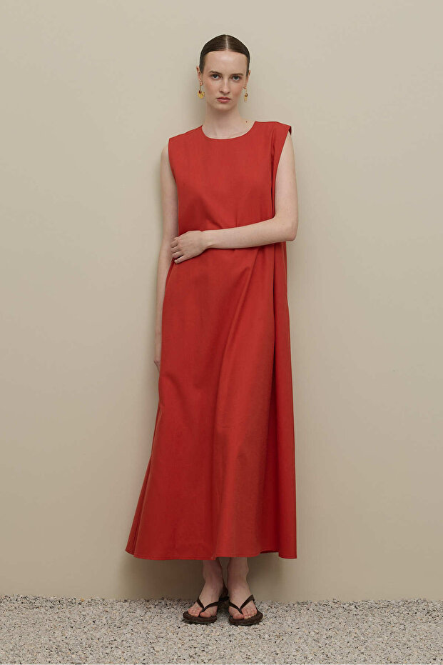 Kalın Askılı Basic Keten Elbise Kırmızı - 3