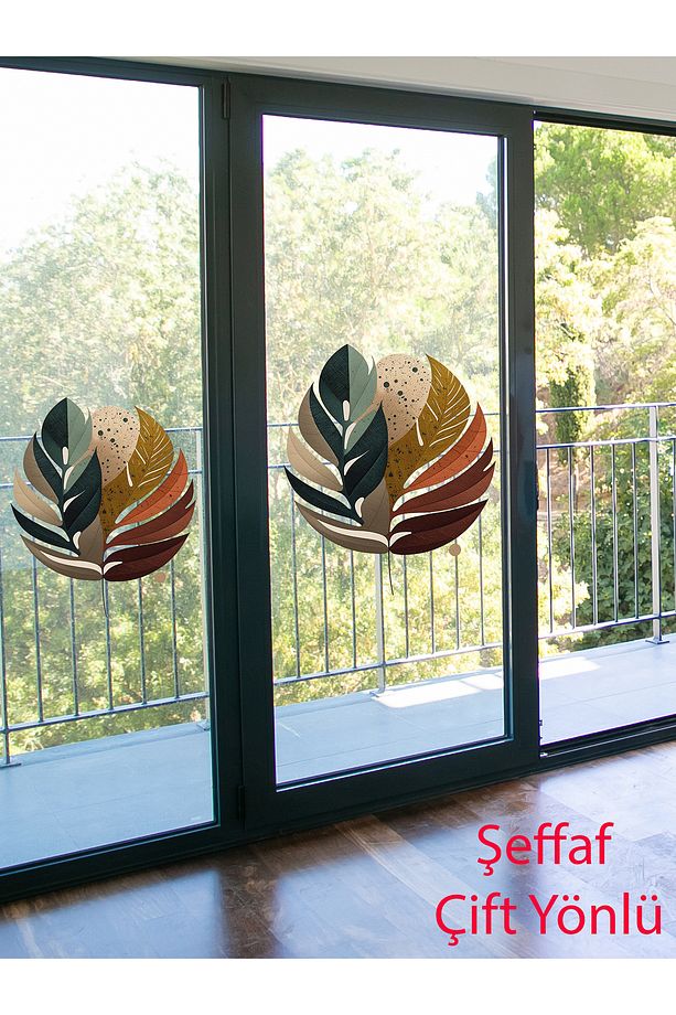 Şeffaf Çift Yönlü, Boho, Bohem Yapraklar, Oturma Odası Ve Salon Cam Duvar Sticker - 3