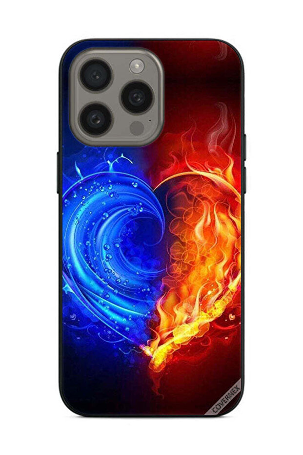 غطاء حماية لهاتف Apple iPhone 15 Pro Max بخلفية قلب النار والماء