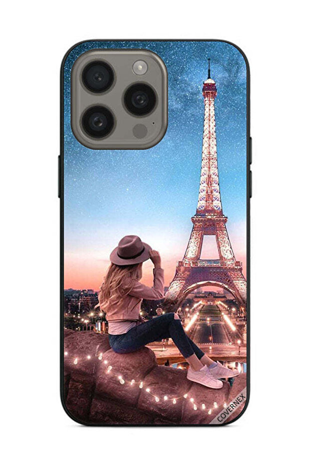 غطاء حماية لهاتف Apple iPhone 15 Pro Max بتصميم فتاة القبعة وبرج إيفل