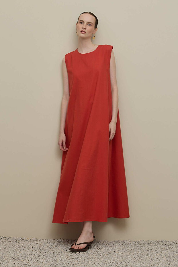 Kalın Askılı Basic Keten Elbise Kırmızı - 4