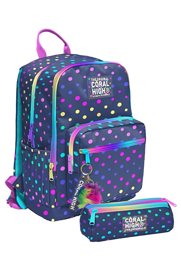 Girl's Backpack and Pen Holder Set - Polka Dot Navy Blue - Primary School