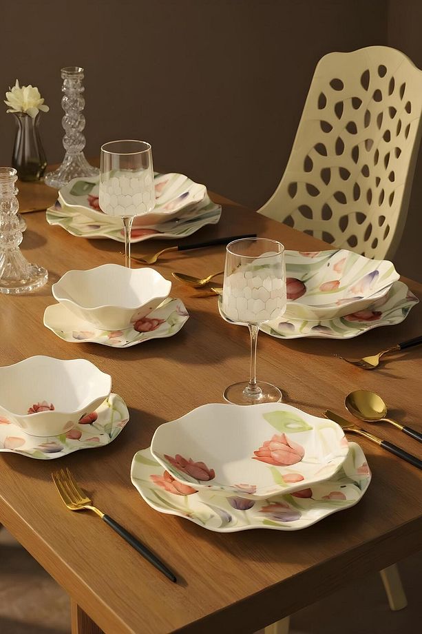 12 Parça 4 Kişilik Çiçek Desenli Porselen Yemek Takımı – Çorba, Yemek ve Servis Tabağı Seti - 1