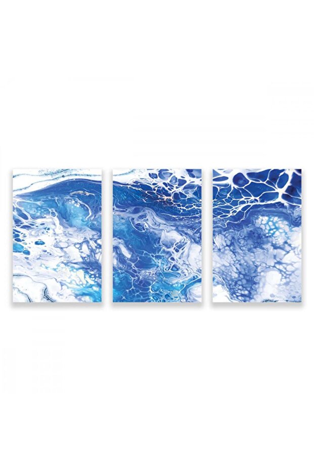 Three modern canvas paintings with abstract painting design with a hollow silver frame