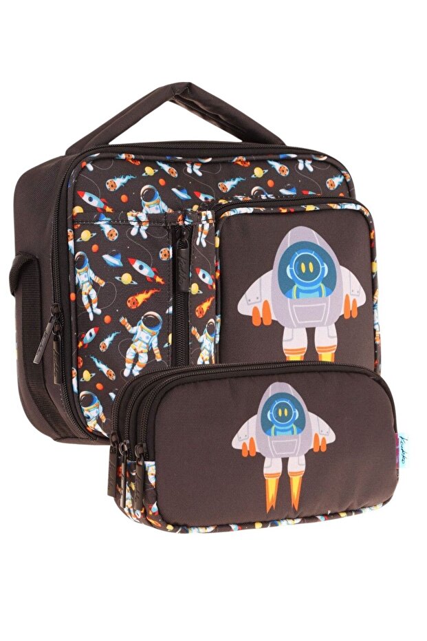 Kids Men's Black Rocket Printed Three Compartment Lunch Box and Pen Holder Set (L7264+L8264)
