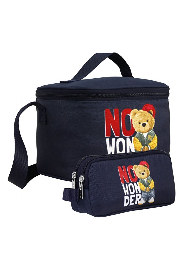 مجموعة صندوق غداء وحامل أقلام للأولاد من Hiphop Teddy Bear باللونين الأزرق الداكن والأبيض