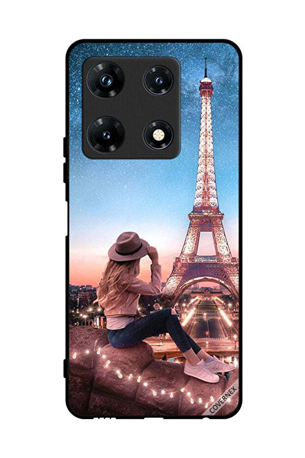 غطاء حماية لهاتف Infinix Note 30 Pro بتصميم فتاة القبعة وبرج إيفل