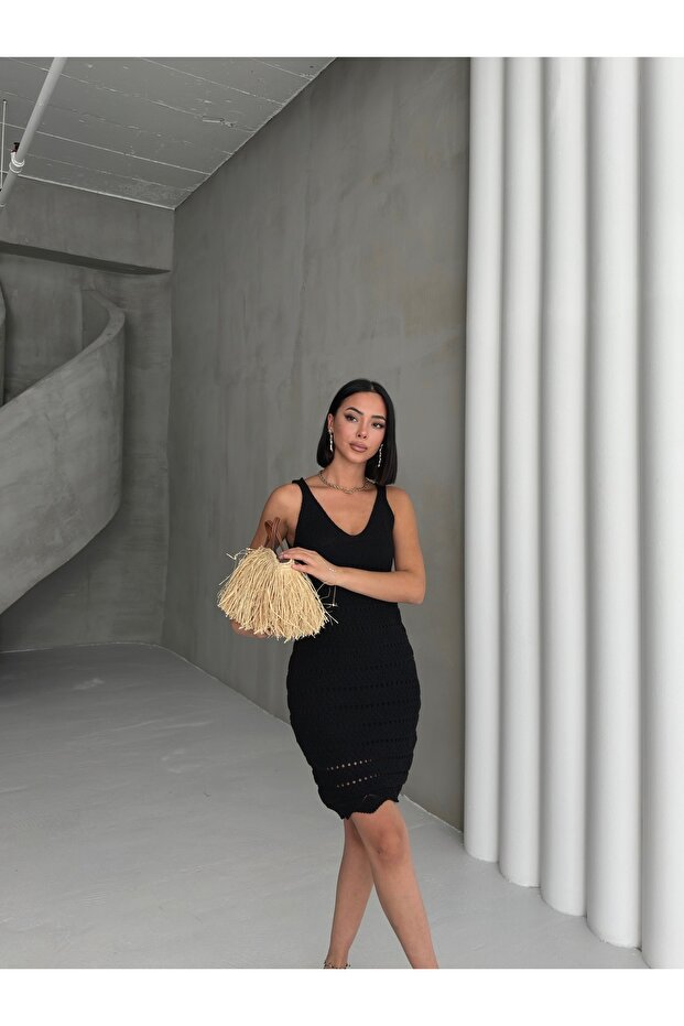 Μαύρο Μίνι Πλεκτό Φόρεμα Παραλίας - 5