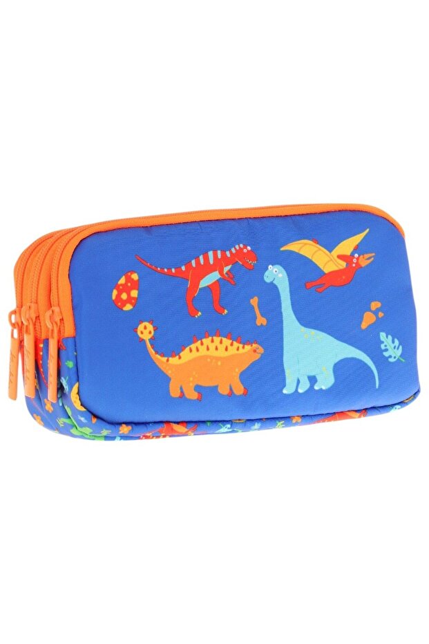 Kids Orange Blue, Dinosaurs Themed, Boys Three Compartment Pen Holder/Pencil Bag - L8278