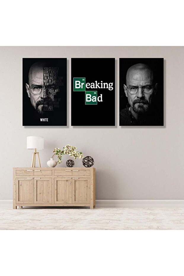 ثلاث لوحات قماشية بتصميم مسلسل Breaking Bad مع برواز فضي مجوف