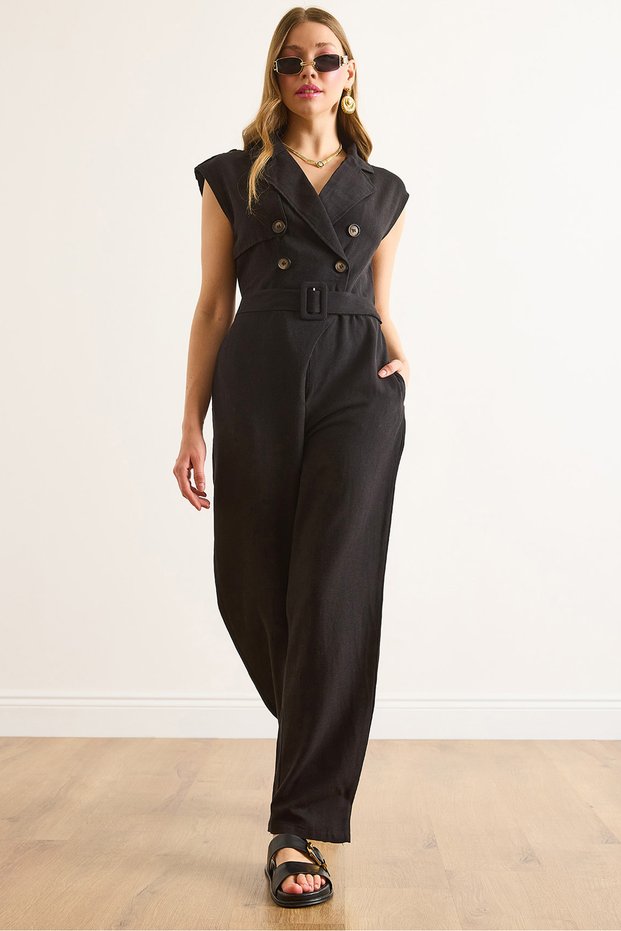 Women's Black Double Breasted Collar Belted Epaulettes Linen Look Jumpsuit Tlm-19000165