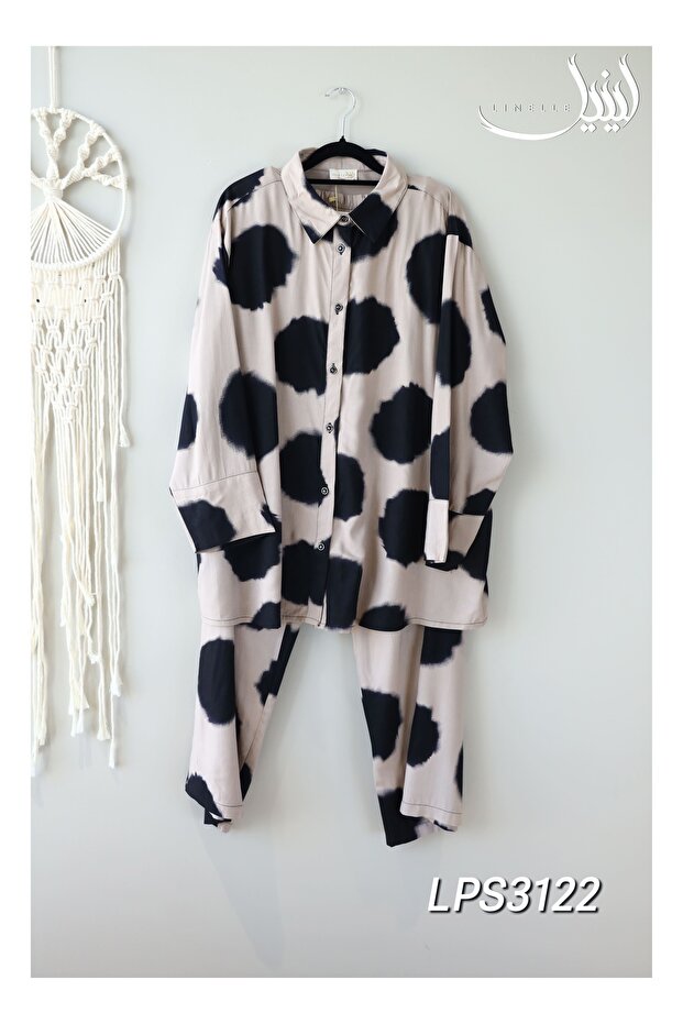 Beige and Black Co-Ord Set - Polka Printed Shirt and Pant in Cotton-Polyester Blend.