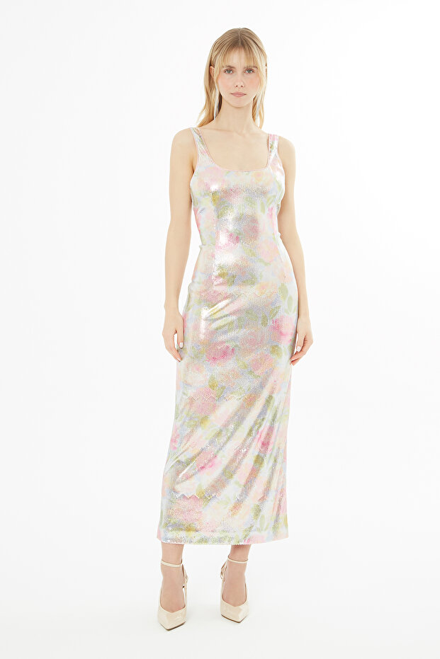 Arkadan Yırtmaçlı Askılı Payet Elbise - 1