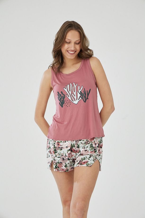 Çiçek Desenli Çift Yırtmaçlı Sıfır Kol Şort Pijama Takımı - 5