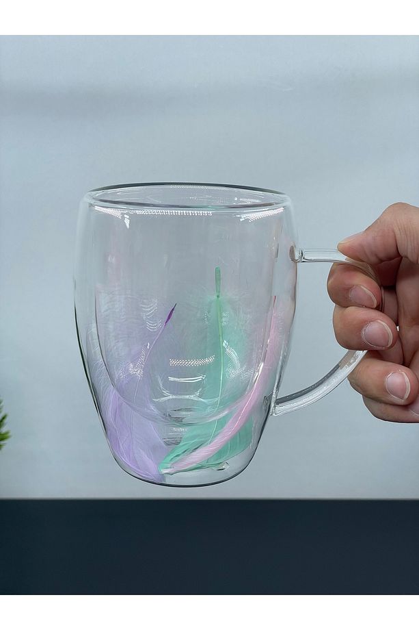 Tekli Çift Cidarlı Cam Kulplu Tüylü Kupa Bardak 350 ml - 2