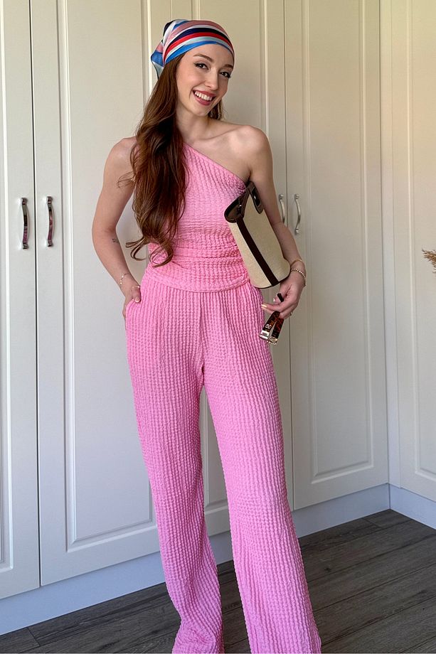 Gofre Kumaş Tek Omuzlu Pembe Takım - 5