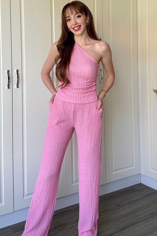 Gofre Kumaş Tek Omuzlu Pembe Takım - 4