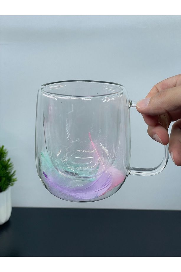 Tekli Çift Cidarlı Cam Kulplu Tüylü Kupa Bardak 250 ml - 2