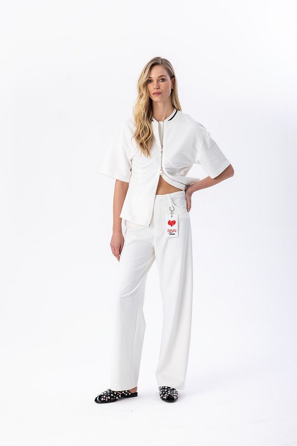 Düz Paça Örme Pantolon Ekru - 1
