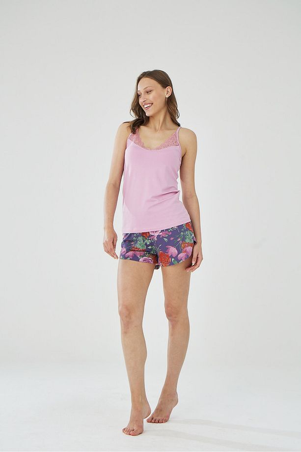 Yakası Dantel Detaylı Çiçekli Şort Pijama Takımı - 3