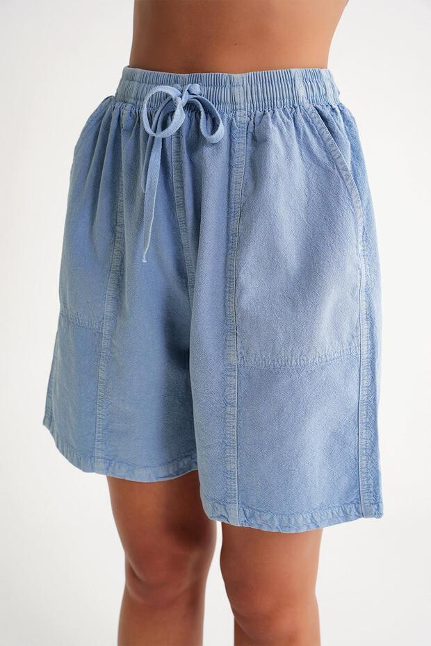 4732 Kadın Şehir Boy Parça Boyalı Basic Şort Antik Mavi - 4