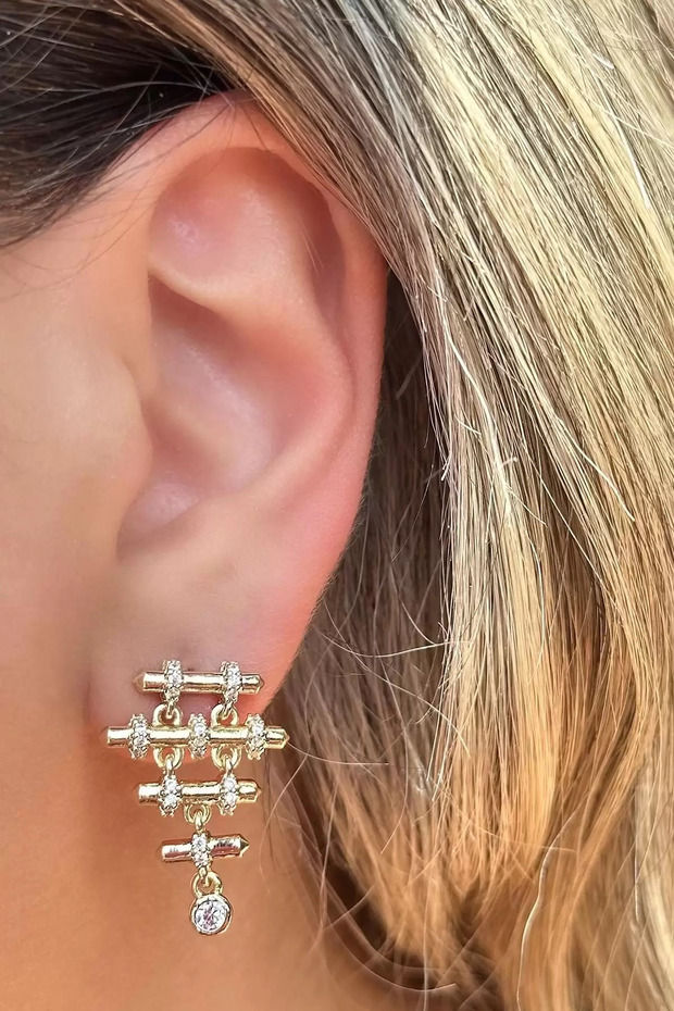 Steel Gold Hanging Shiny Stone Stylish Design Geometric Earrings