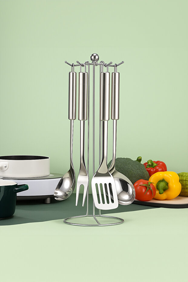 6 Piece Stainless Steel Kitchen Utensil Set with Hanger - Ladle, Colander, Spatula