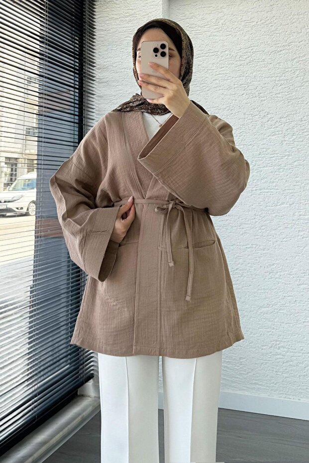 Belted Muslin Kimono with Pocket Detail - Mink