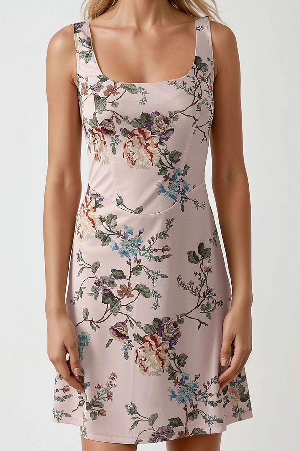 Kare Yaka ve Çiçekli Desenli Bodycon Mini Elbise - 3