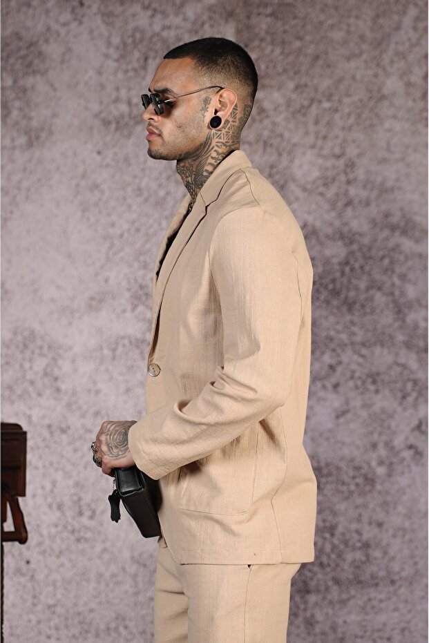 Regular Kalıp Blazer Keten Alt Üst Takım - 3