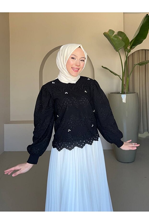 تونيك مبطن بحجر على شكل رقبة دائرية - أسود - 2