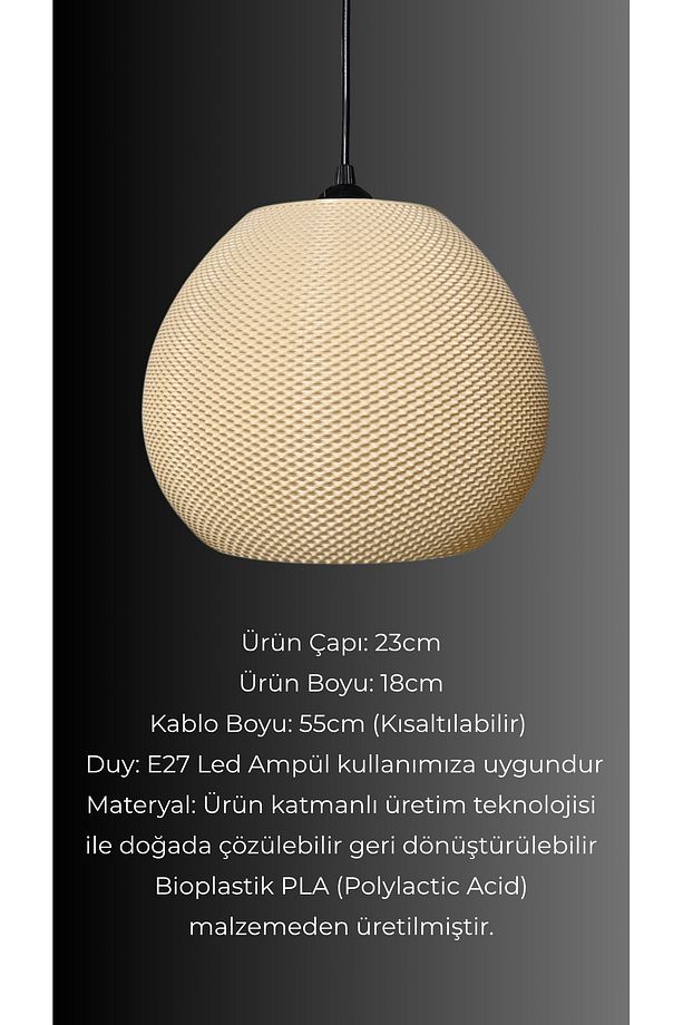 Venaty Hasır Renk Rattan Görünümlü Avize, Piterest Tarzı Tasarım Tekli Sarkıt Avize (Bioplastik) E27 - 4