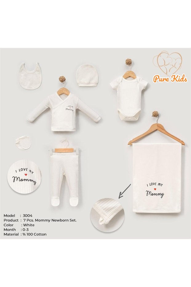 100% Organic Cotton 7 Piece Heart I Love Mom Themed Hospital Discharge Bodysuit Set