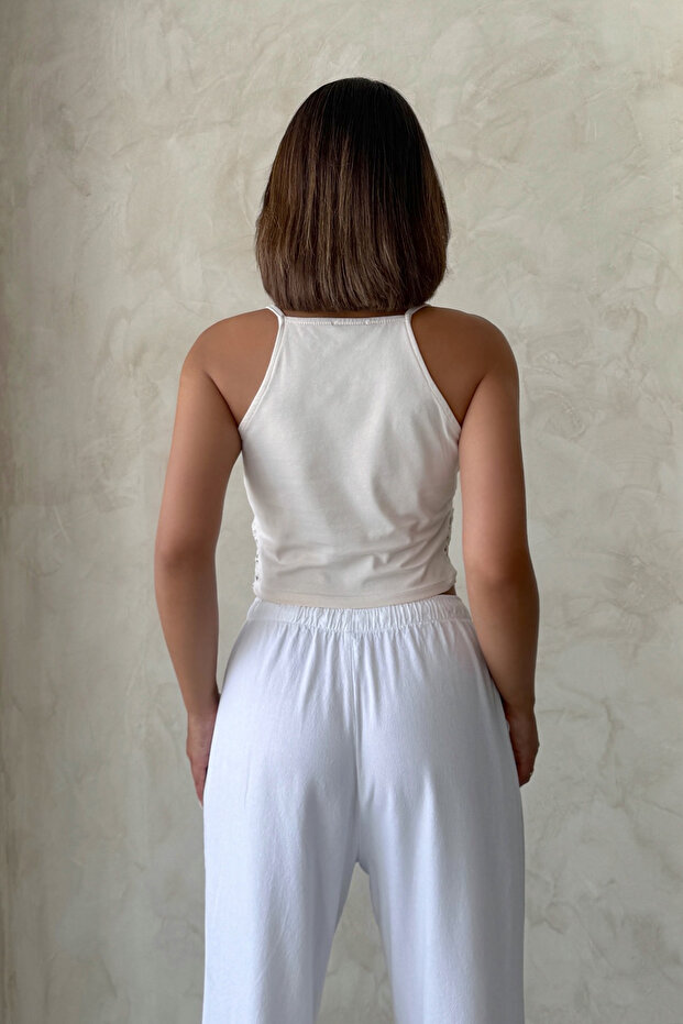 Bej Kroşe Detaylı Crop Dokuma Bluz TWOSS25BZ00579 - 6
