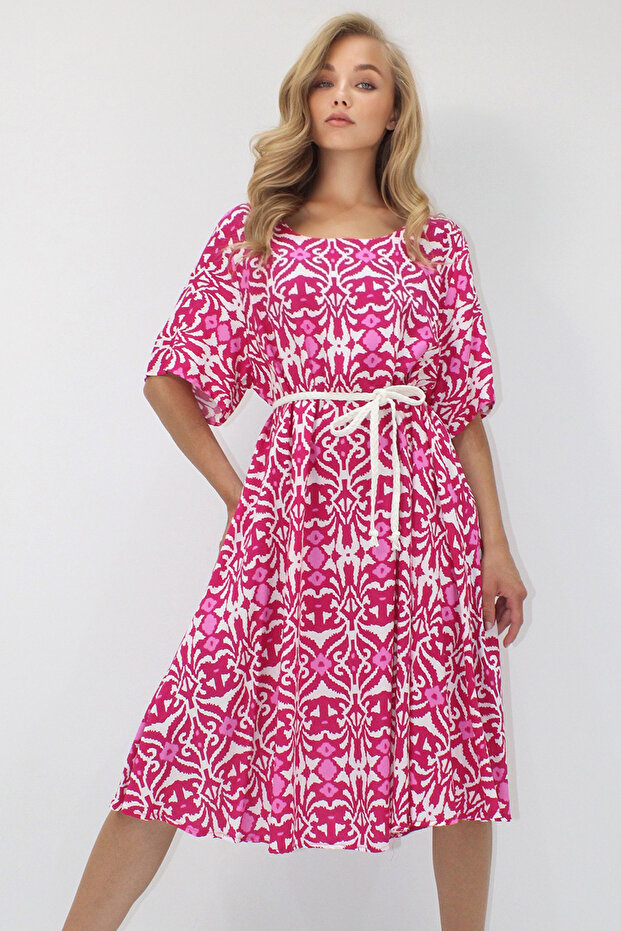 Fuchsia Crew Neck Patterned Comfortable Fit Woven Viscose Dress Alc-X14207