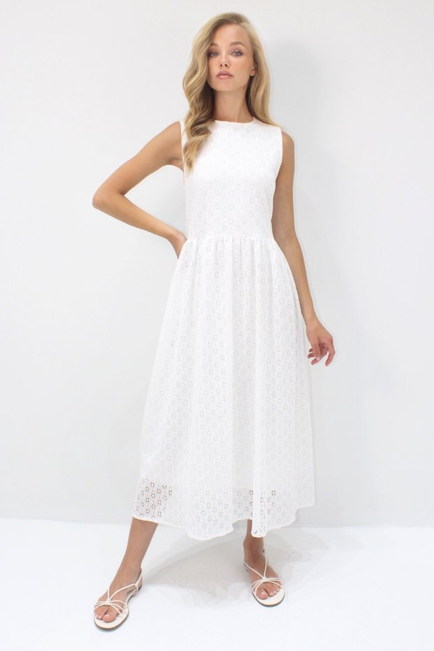 Women's White Hidden Zipper Sleeveless Premium Guipure Dress Alc-X14143