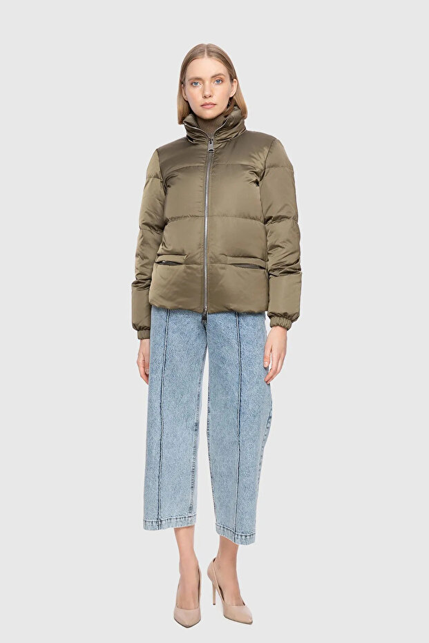 Dik Yaka Kısa Haki Şişme Mont - 1